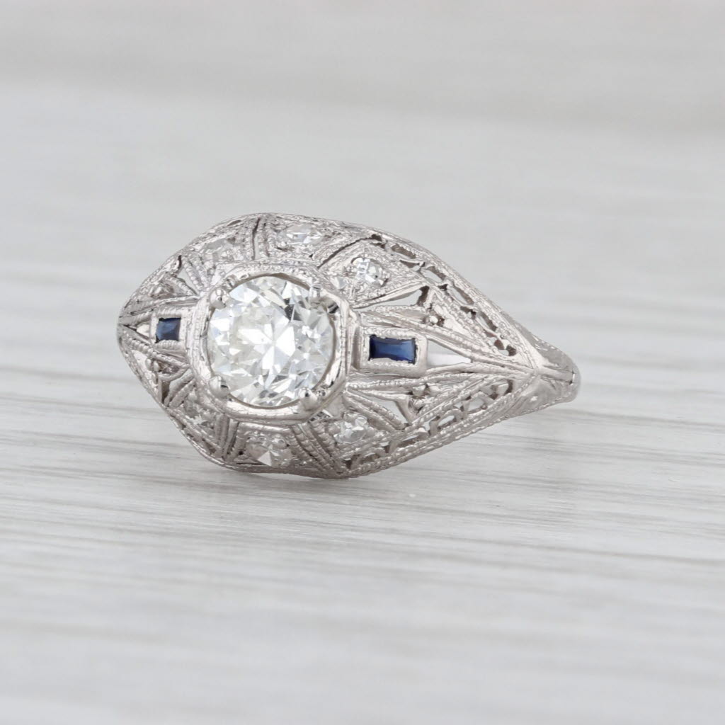 Art Deco 0.47ctw Old European Diamond Lab Sapphire Engagement Ring Platinum