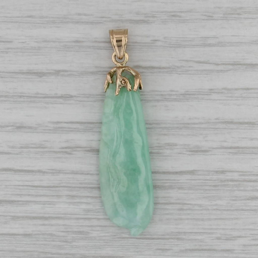 Green Jadeite Jade Carved Drop Pendant 14k Yellow Gold