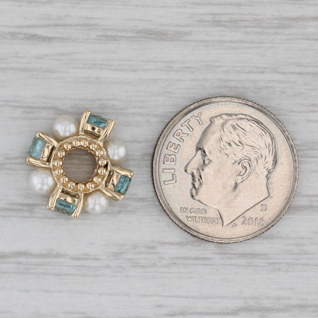 Gray Small Cultured Pearl 1.20ctw Blue Zircon Bead Spacer Charm 14k Gold Rondel