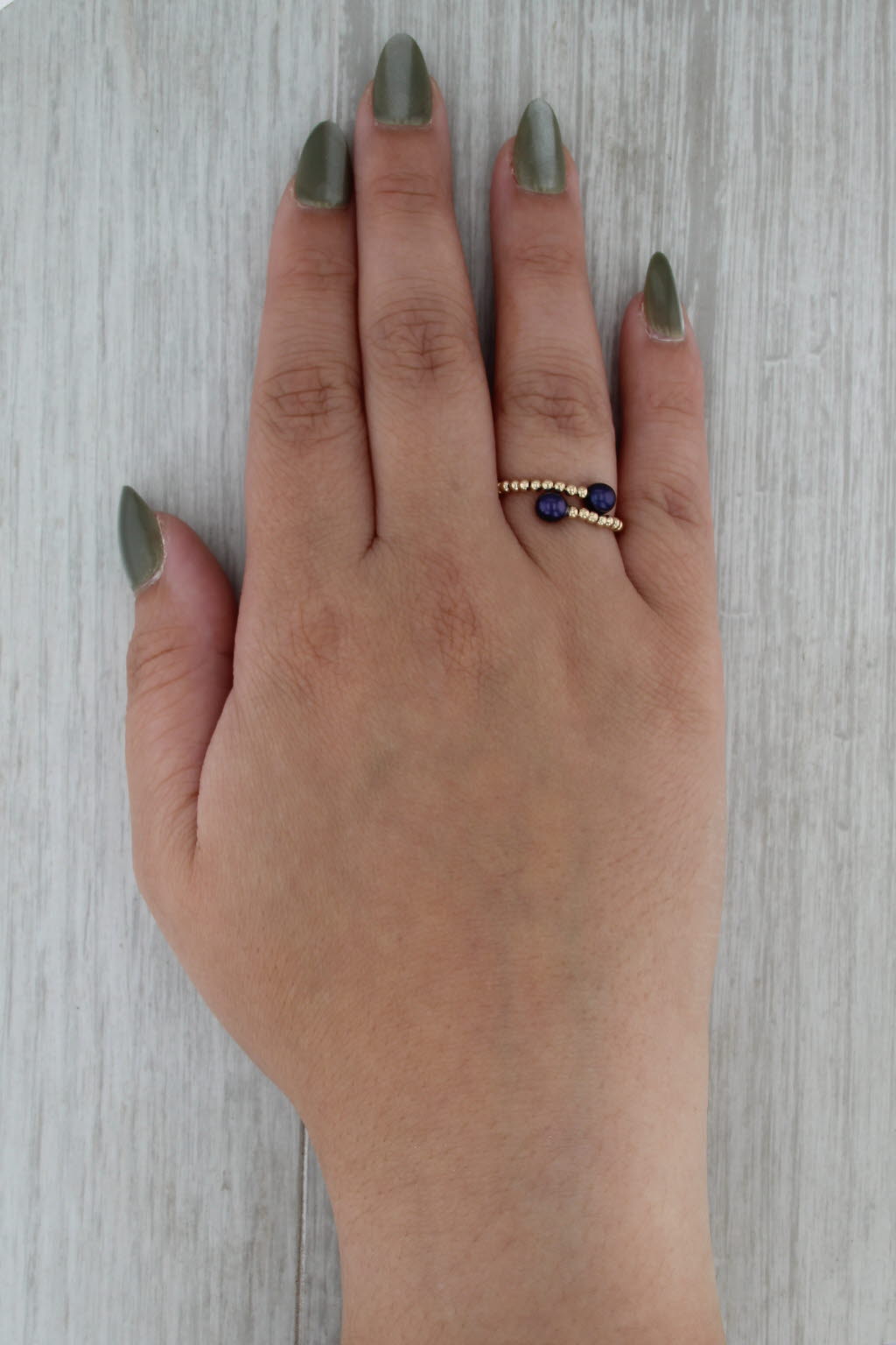 Blue Cultured Pearl Bypass Bead Ring 14k Yellow Gold Size 7+