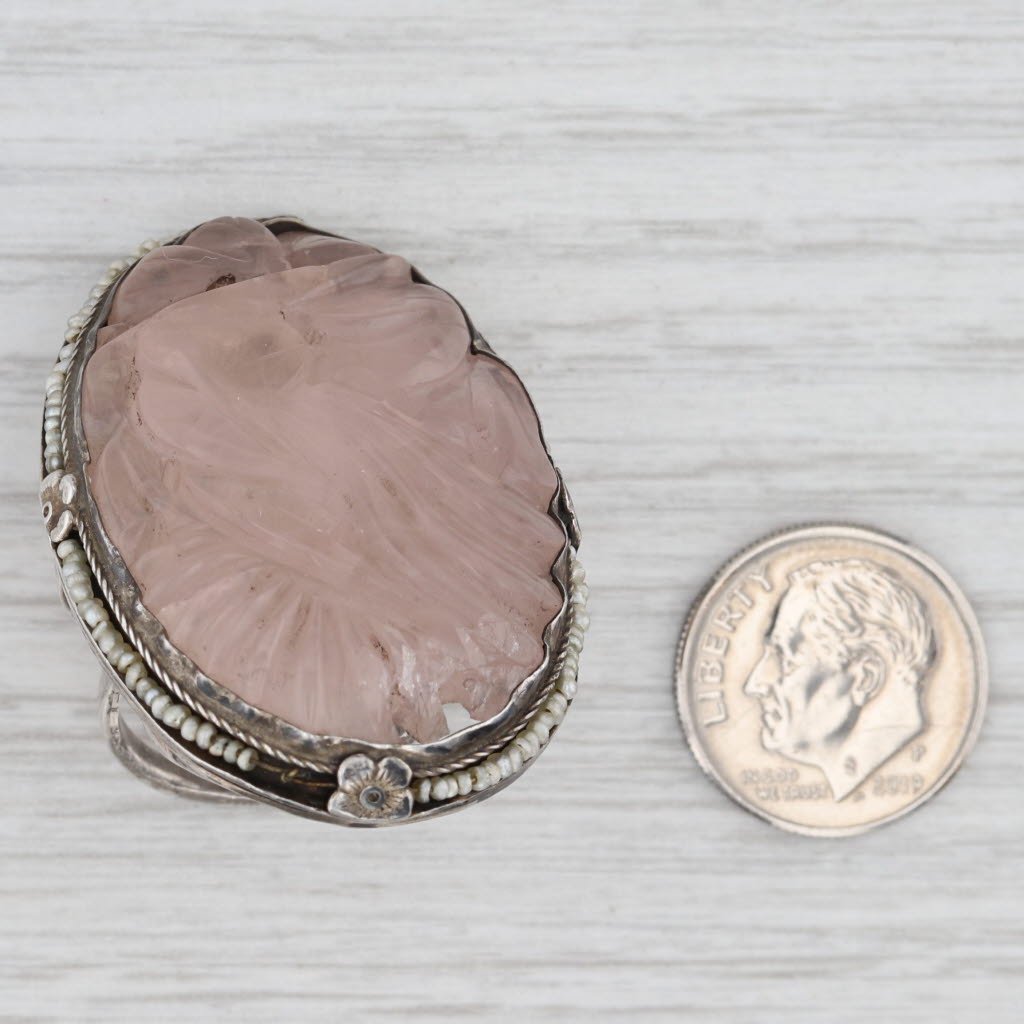 Light Gray Vintage Floral Carved Rose Quartz Pearl Ring Sterling Silver Statement AS IS