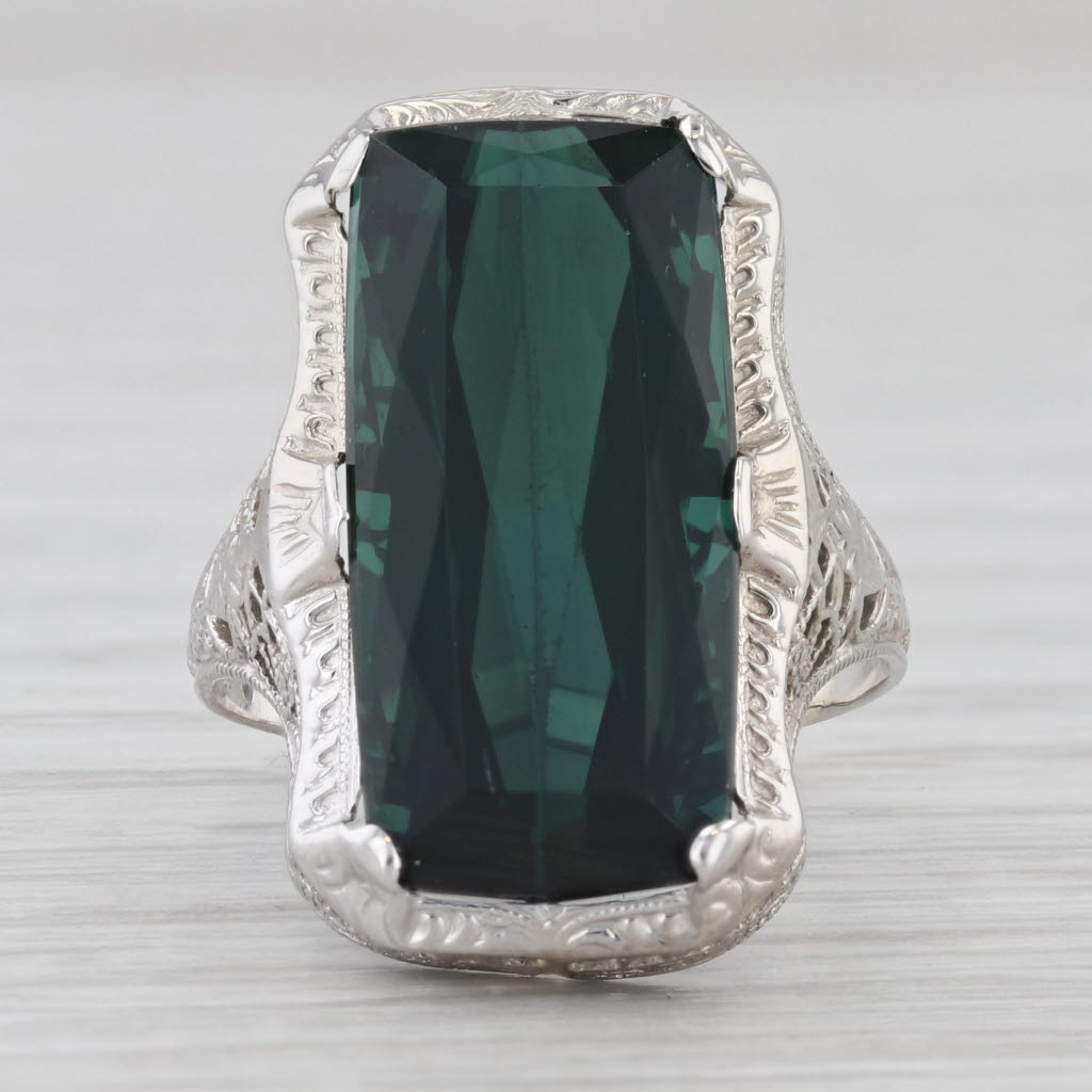 Light Gray Ostby Barton Vintage Green Tourmaline Filigree Ring 14k White Gold Size 6