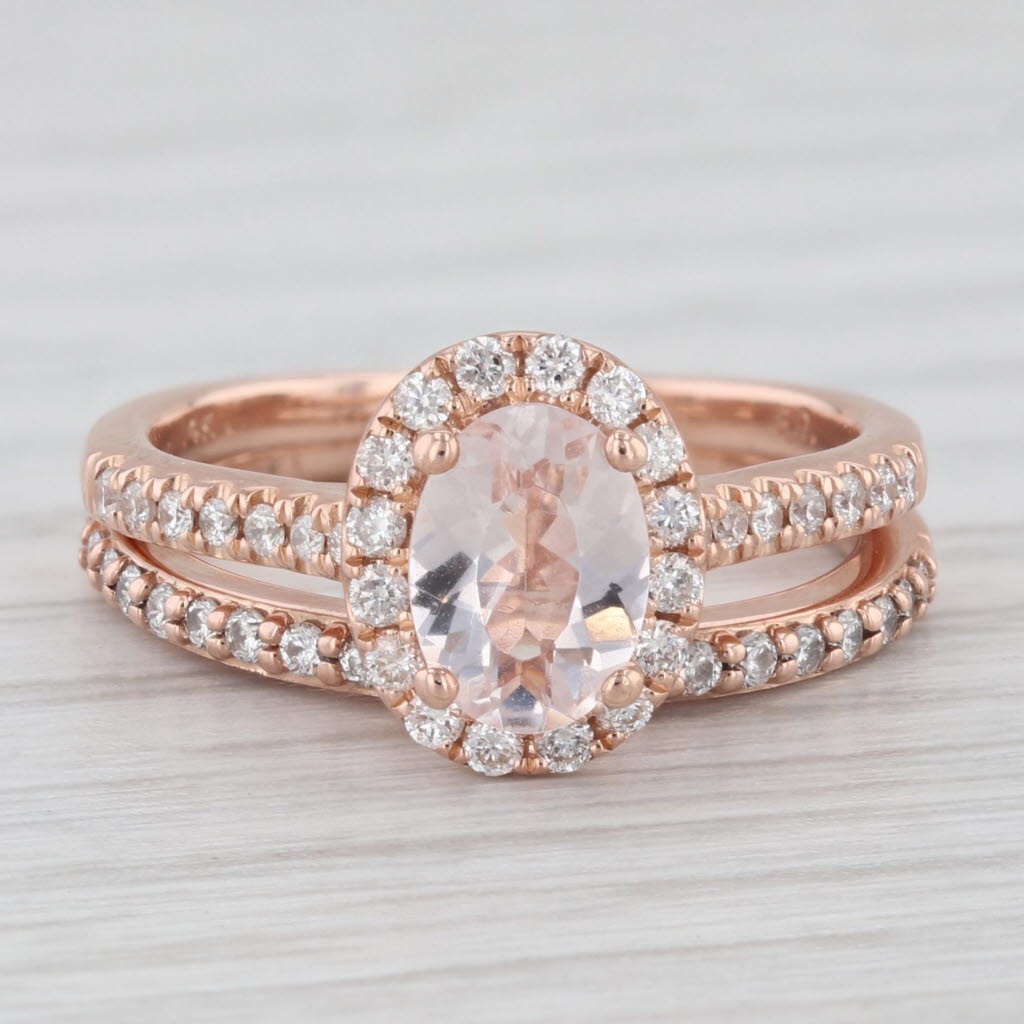 Light Gray 0.70ct Oval Morganite Diamond Halo Engagement Ring 14K Rose Gold Size 4.75