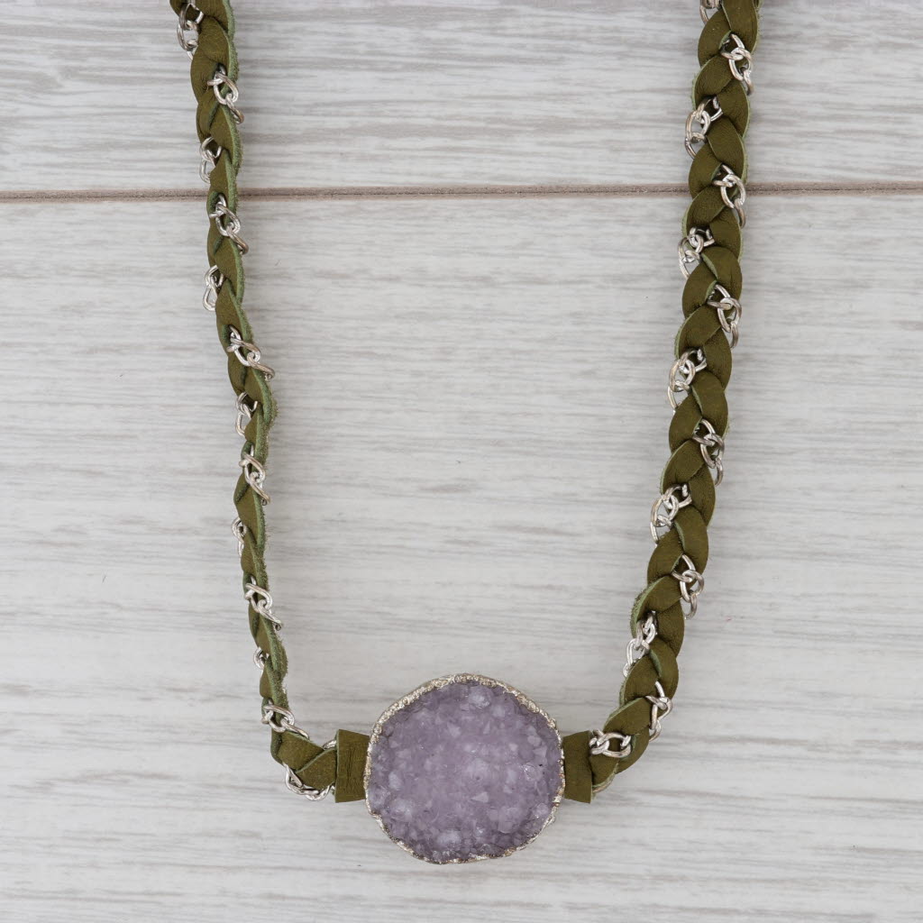 New Nina Wynn Cordelia Necklace White Druzy Quartz Pendant Woven Green Leather