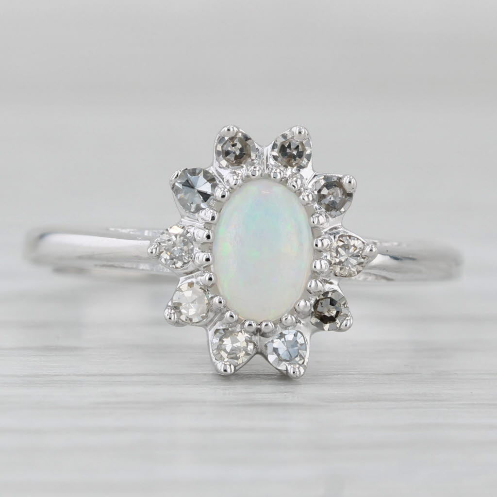 Light Gray Opal Cabochon 0.20ctw Diamond Halo Ring 14k White Gold Size 6.5