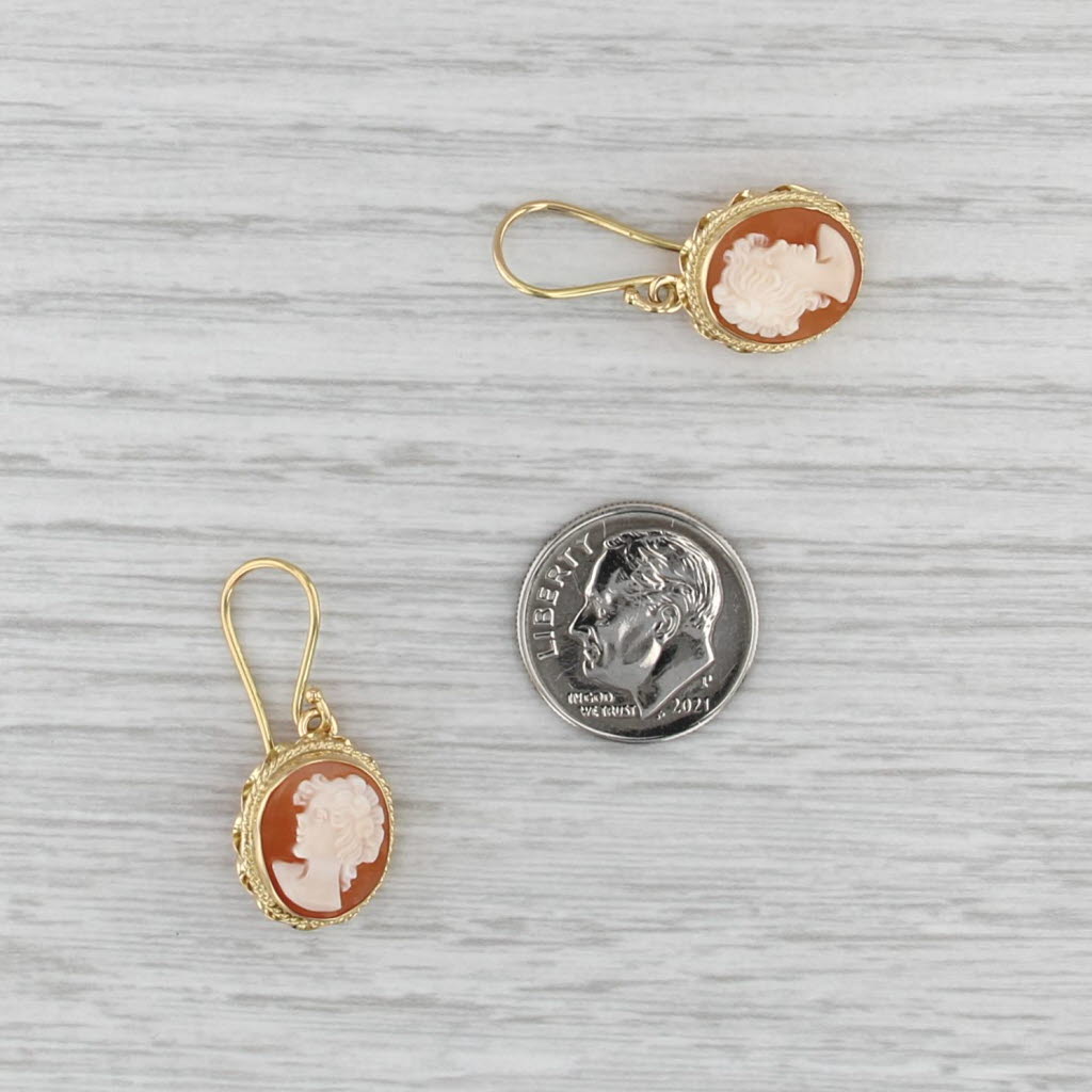 Vintage Carved Shell Cameo Dangle Earrings 18k Yellow Gold Hook Posts