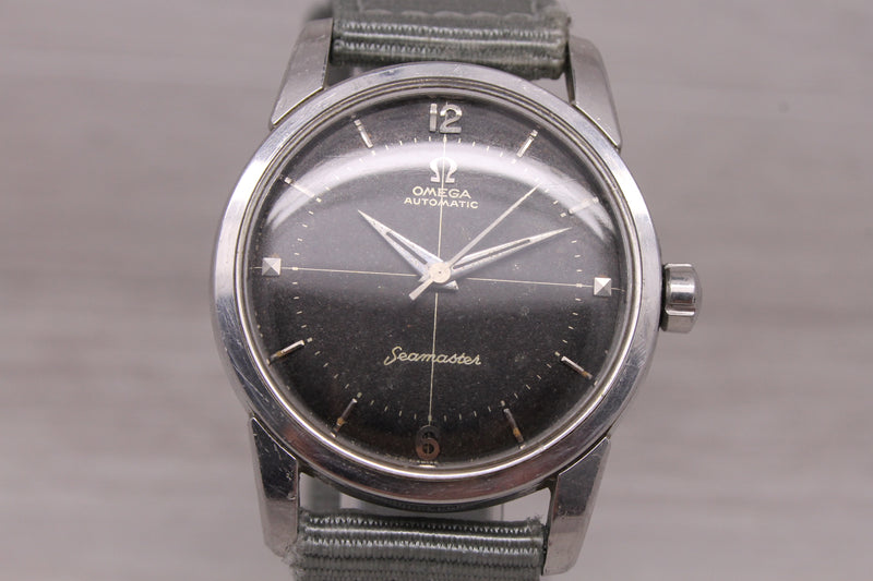 Rosy Brown Vintage 1956 Omega Seamaster Mens 34mm Steel Watch 2846 500 Black Crosshair Dial
