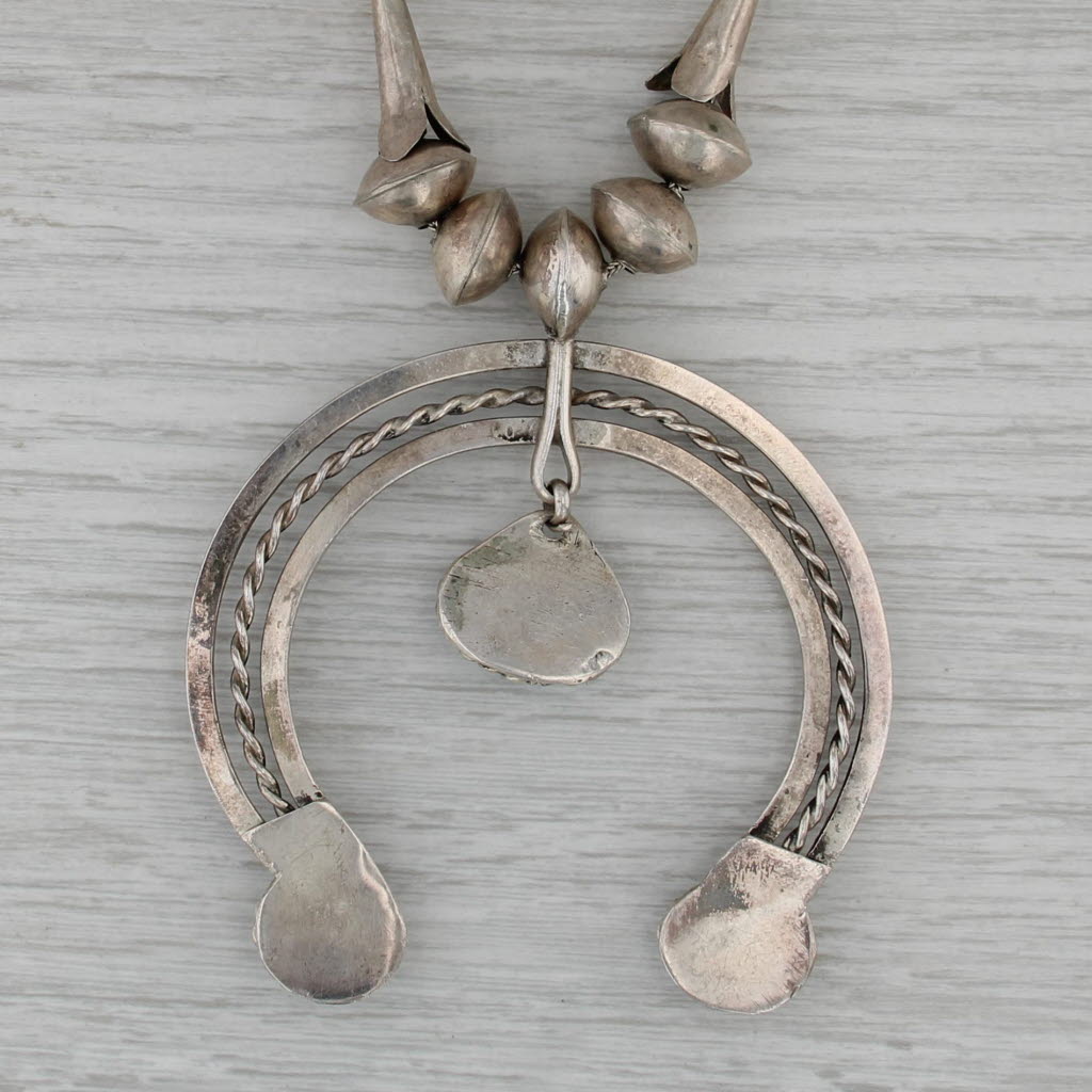 Native American Squash Blossom Turquoise Crescent Bead Necklace Sterling Silver