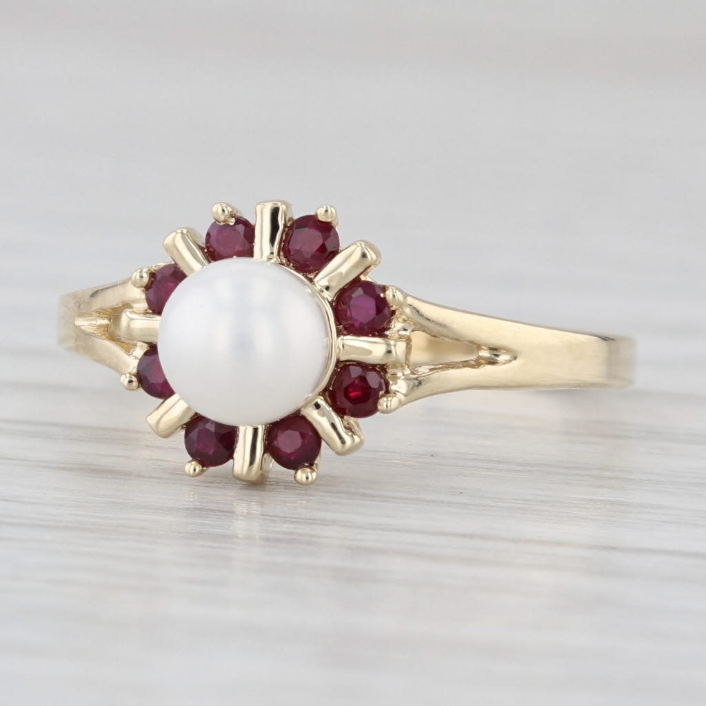 Cultured Pearl 0.24ctw Ruby Halo Ring 10k Yellow Gold Size 7.25