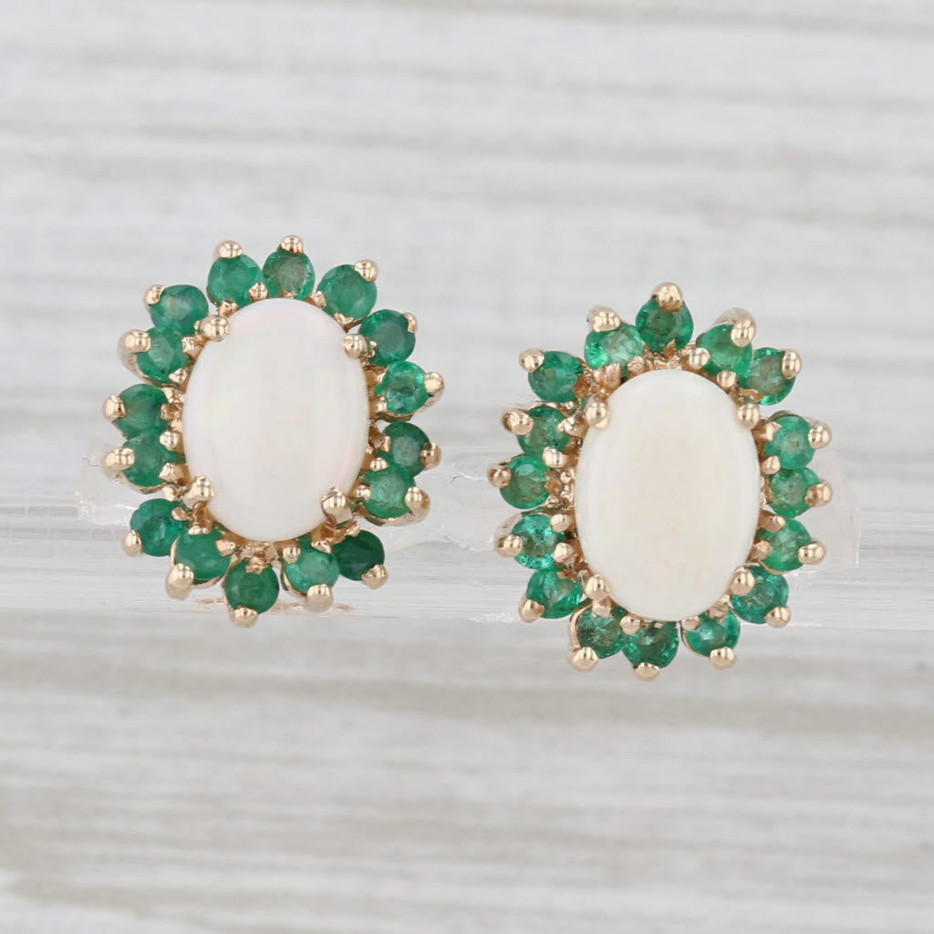 Oval Opal Emerald Halo Stud Earrings 10k Yellow Gold