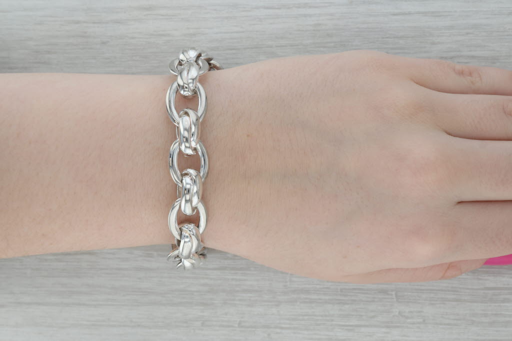 Dark Gray Puffy Cable Chain Bracelet Sterling Silver 7" 14.4mm Lobster Clasp