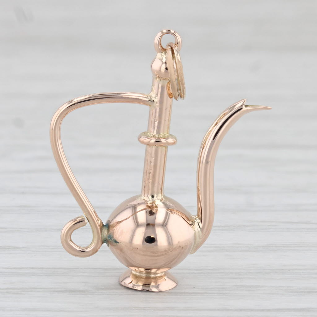Light Gray Vintage Indian Teapot Coffee Pot Charm 14k Rose Gold 3D Pendant