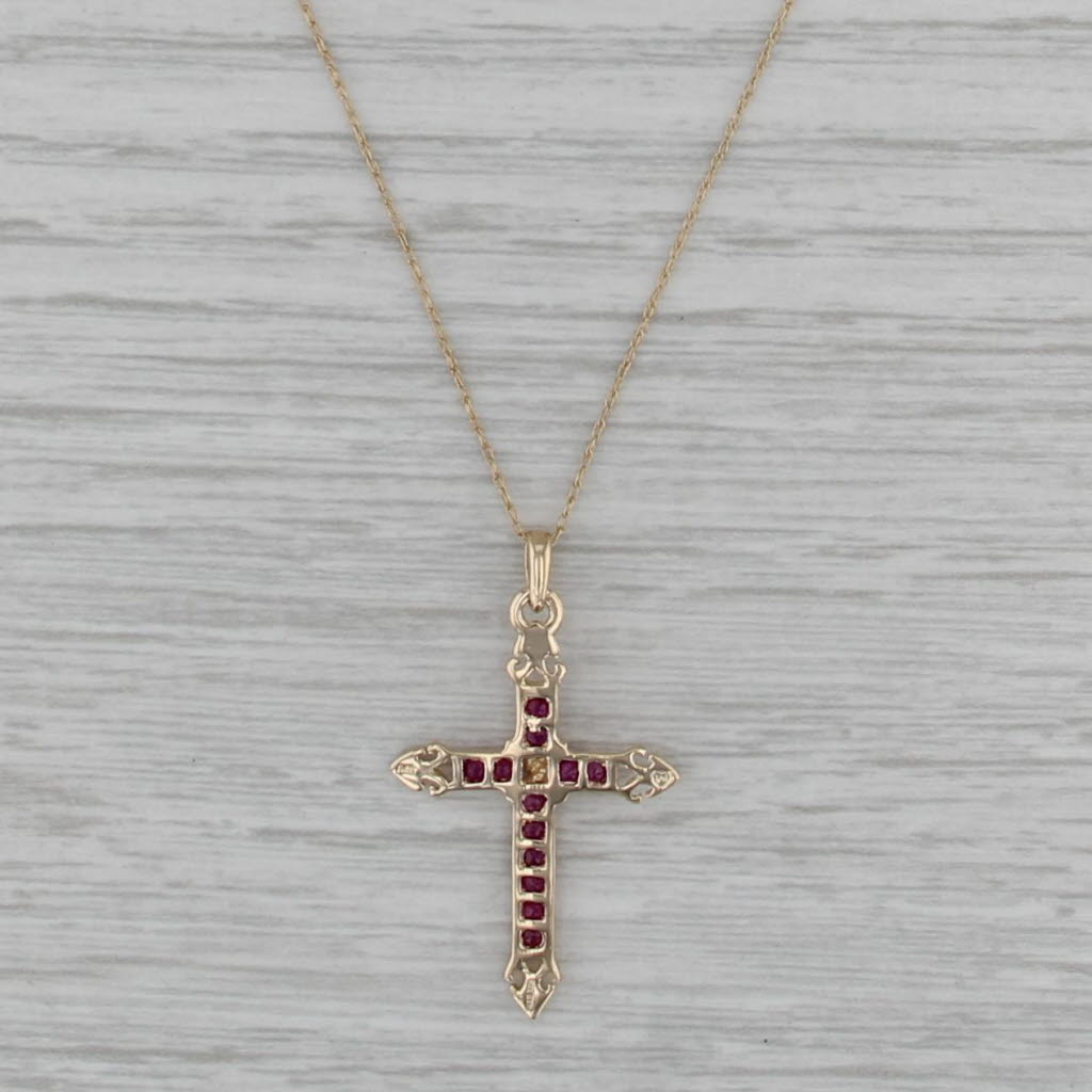 0.22ctw Ruby Cross Pendant Necklace 14k Yellow Gold 19.25" Rope Chain