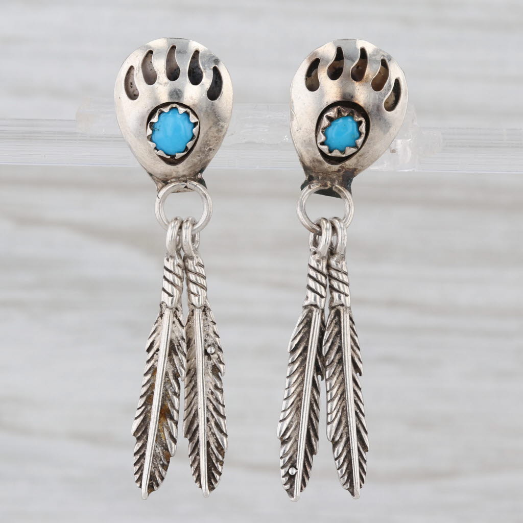 Vintage Southwestern Turquoise Bear Paw Feather Dangle Earrings Sterling Silver