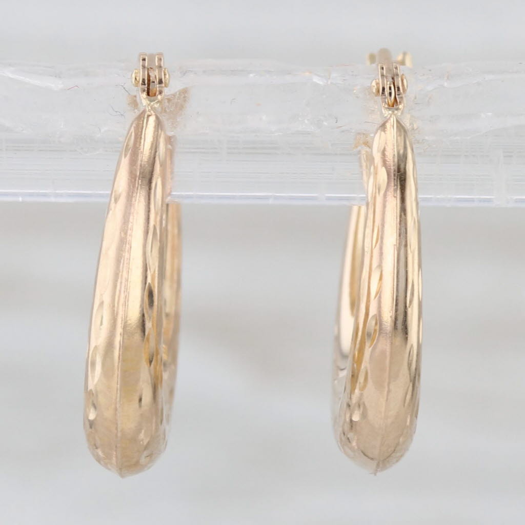 Small Etched Hoop Earrings 14k Yellow Gold Snap Top Round Hoops