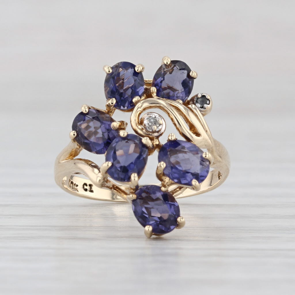 1.60ctw Blue Iolite Cluster Ring 10k Yellow Gold Size 5.25 Diamond Accents