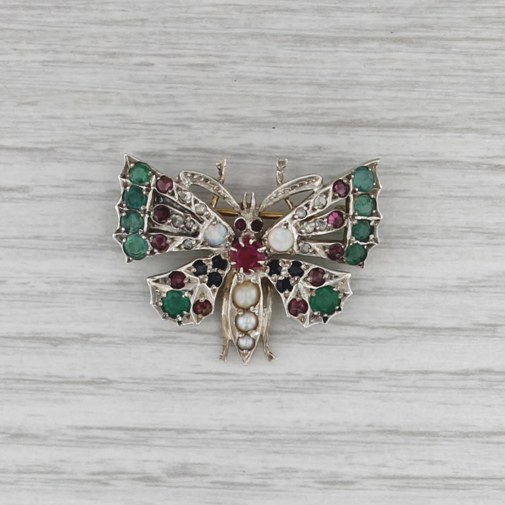 Antique Butterfly Pin 10k Gold Pearl Opal Ruby Diamond Sapphire Emerald Garnet