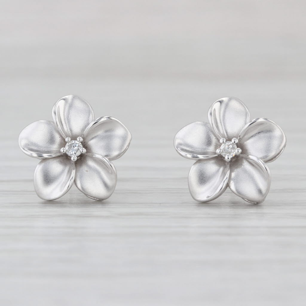 Diamond Plumeria Flower Stud Earrings 14k White Gold Floral Studs