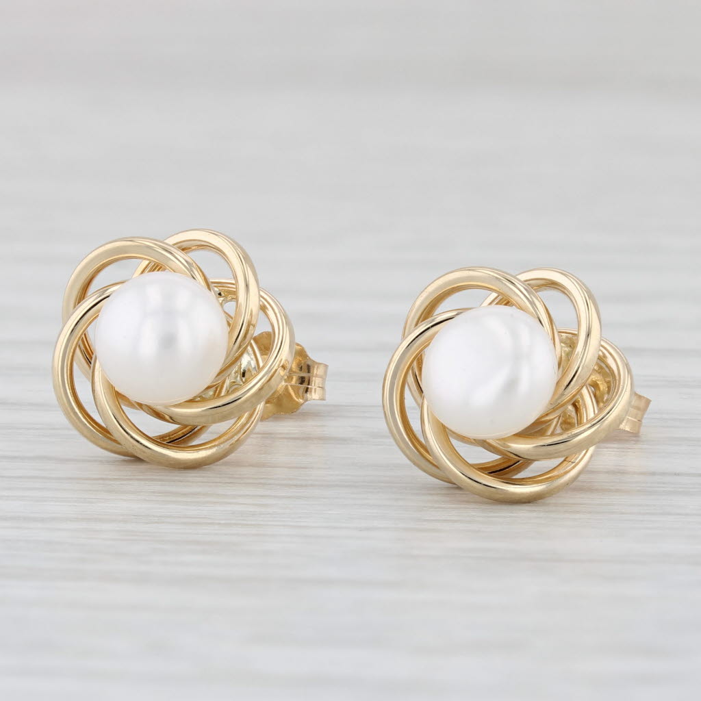 Light Gray Cultured Pearl Button Knot Stud Earrings 14k Yellow Gold