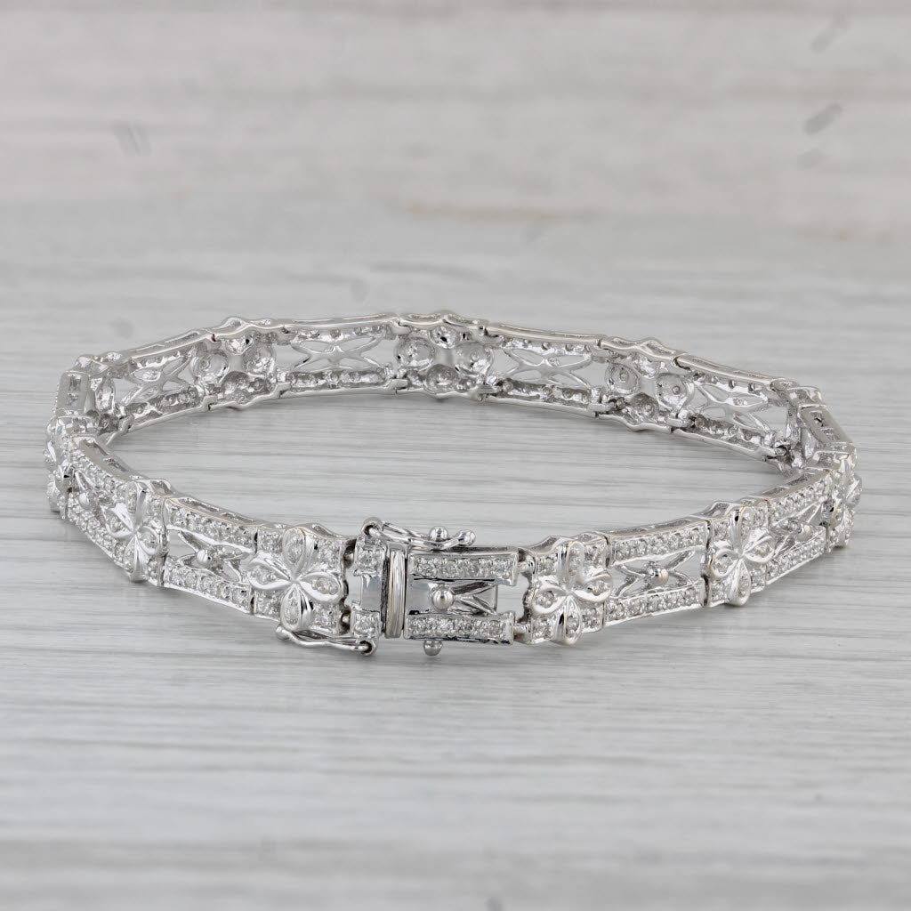 Gray 1ctw Diamond Flower Bracelet 18k White Gold 7.5” 7.6mm