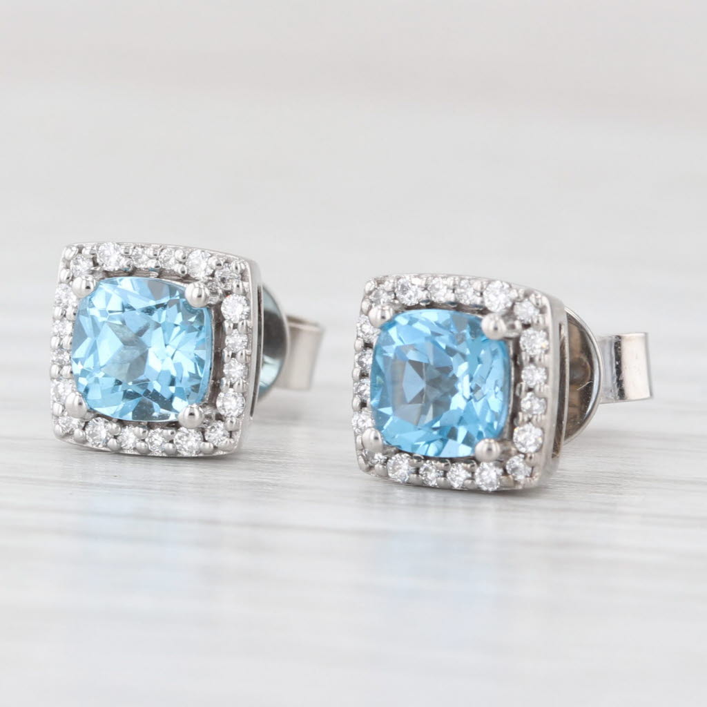 Light Gray 1.76ctw Cushion Blue Topaz Diamond Halo Stud Earrings 14k White Gold