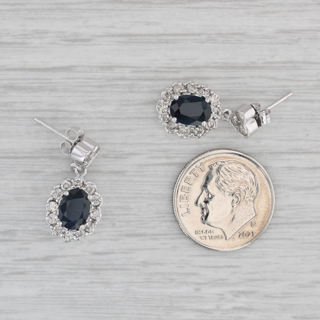 Gray 2.63ctw Blue Sapphire Diamond Halo Heart Dangle Earrings 14k White Gold