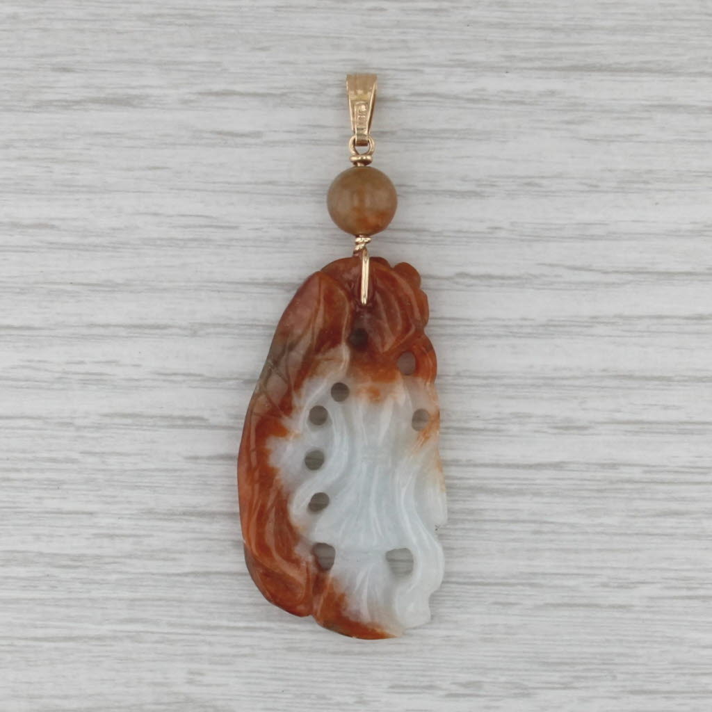 Jadeite Jade Figural Carving Pendant 14k Gold Pierced Asian Style