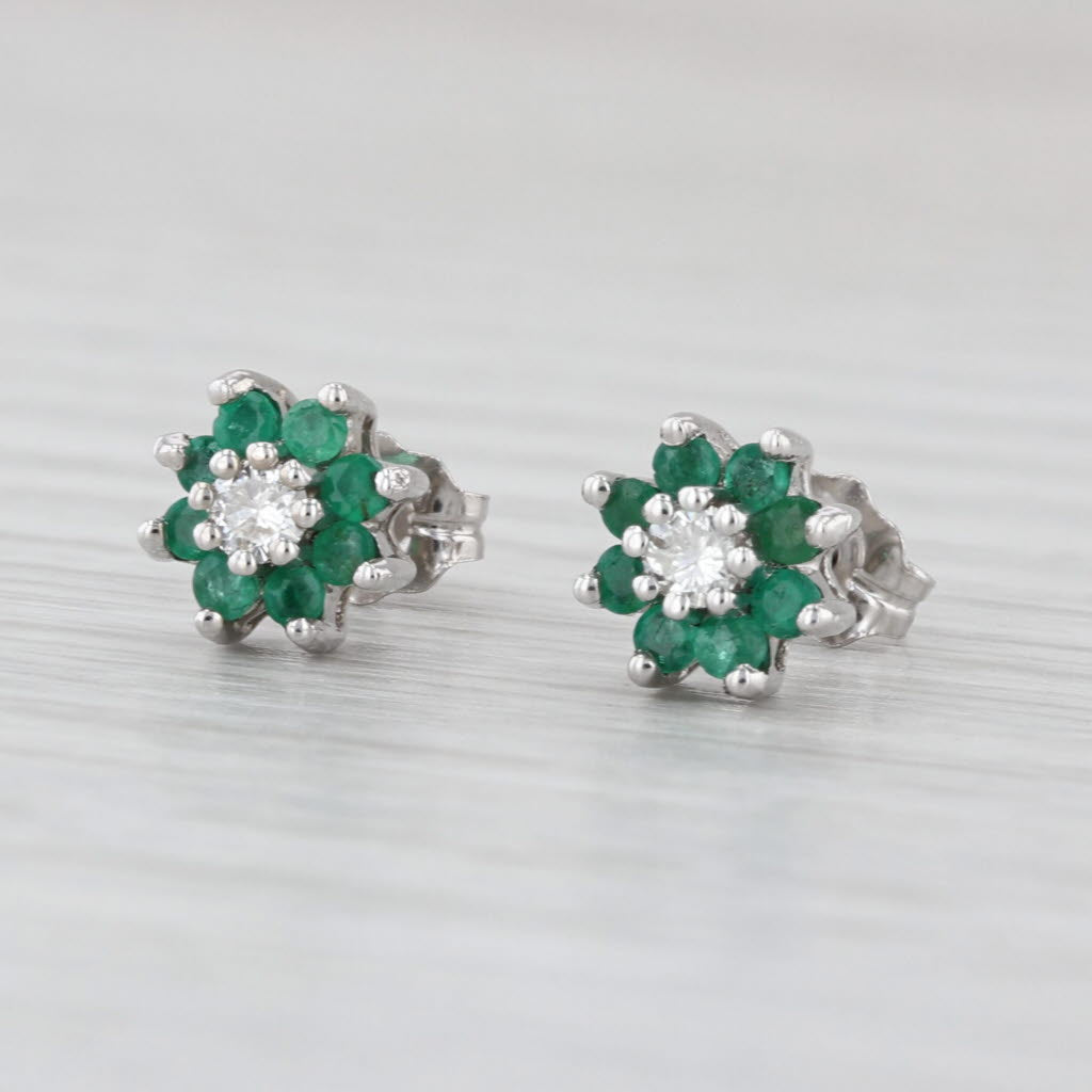 0.32ctw Emerald Diamond Flower Stud Earrings 14k White Gold Studs