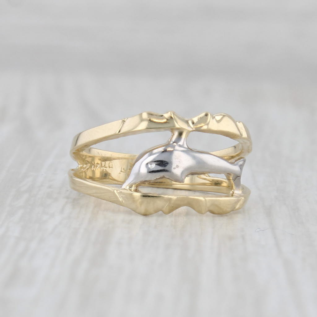 Light Gray 2-Toned Dolphin Ring 14k White Yellow Gold Band Size 7