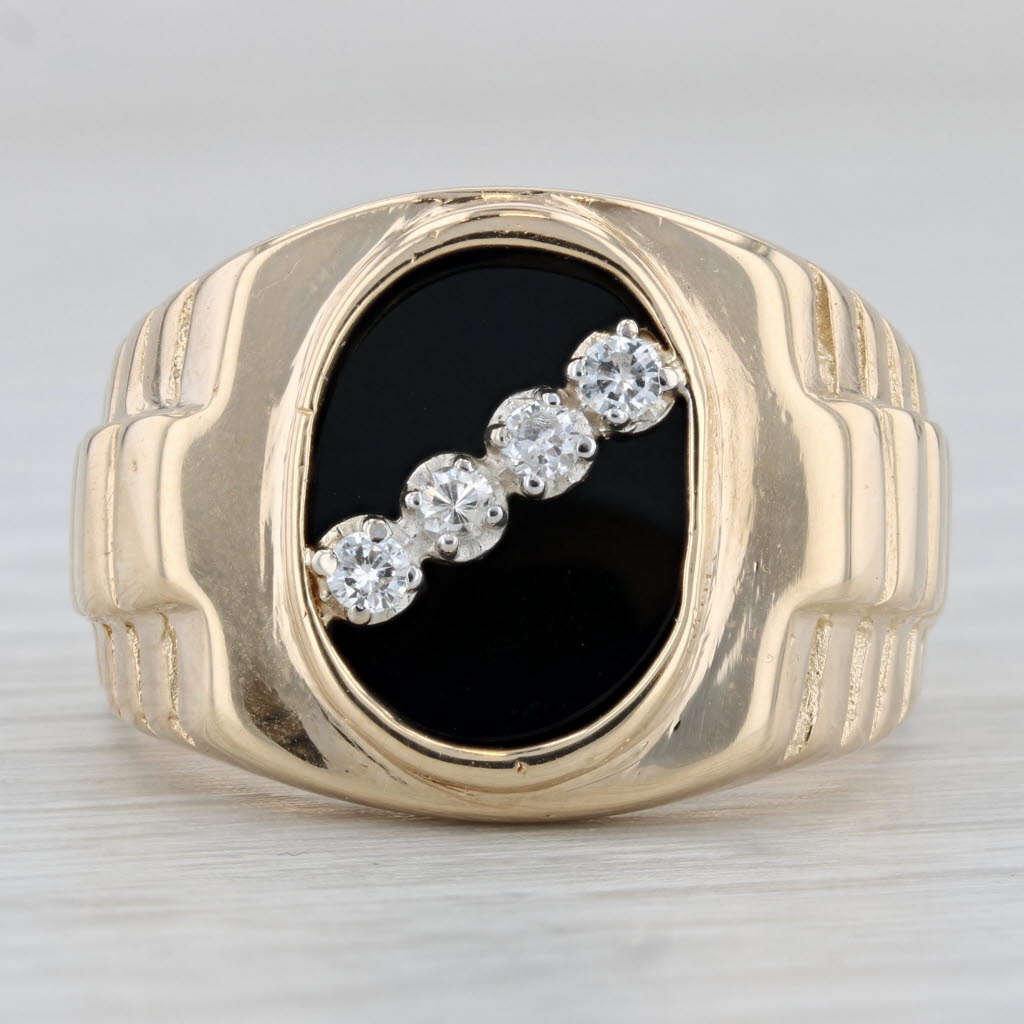 Gray Onyx Diamond Men's Signet Watch Style 14K Yellow Gold Ring Size 10.75