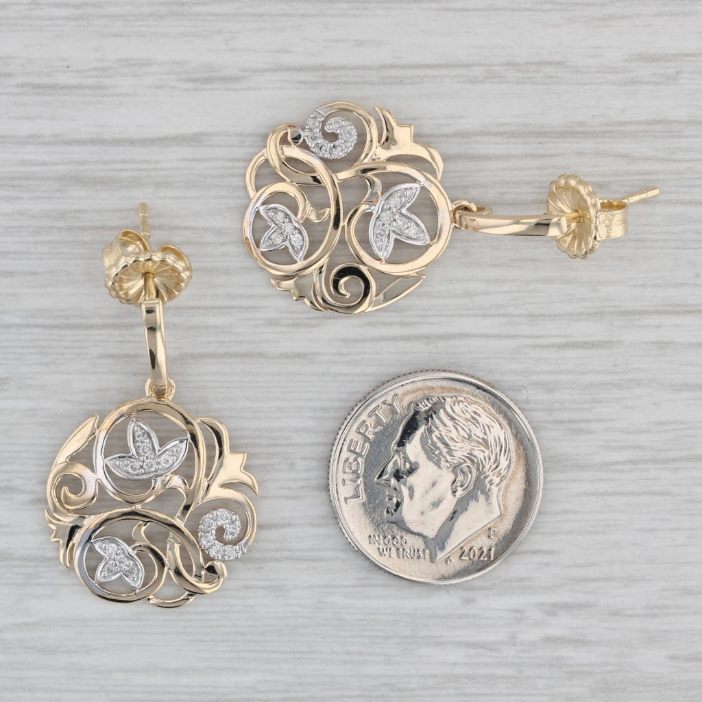 Gray Diamond Flower Openwork Dangle Earrings 10k Yellow Gold Drops