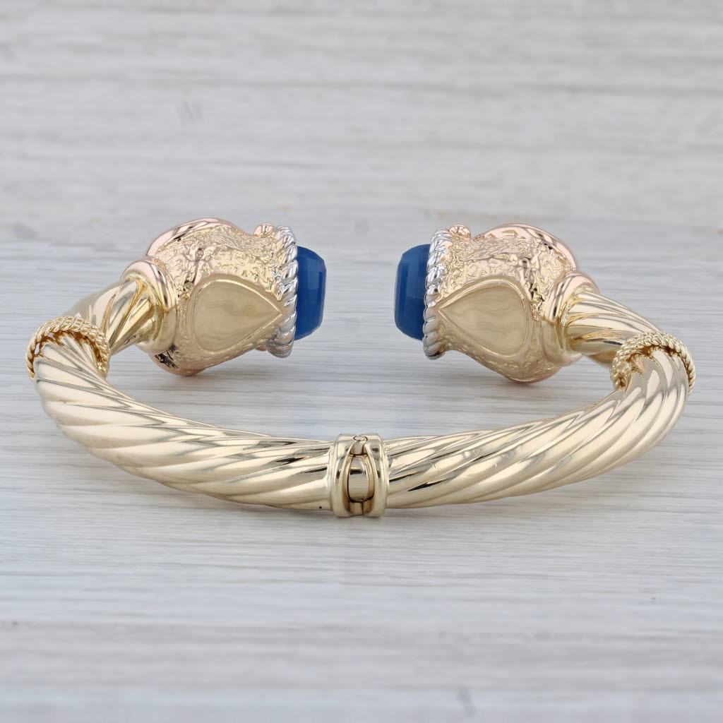 Gray Blue Chalcedony Hinged Cuff Bracelet 14k Yellow Gold Ornate Italian