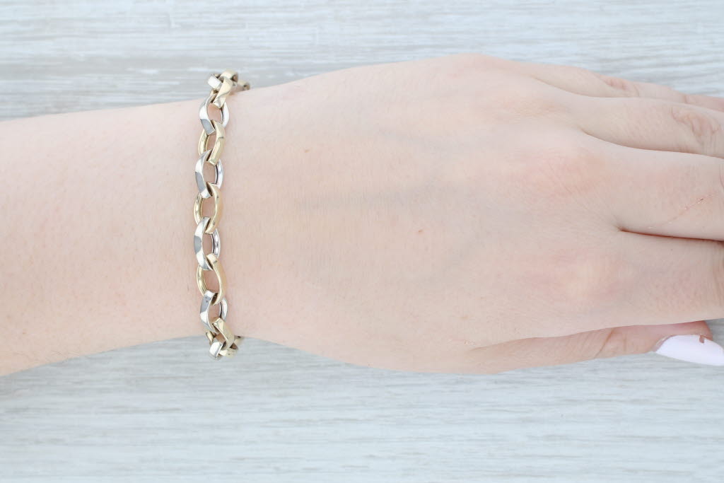 Light Gray Marquise Link Cable Chain Bracelet 14k Yellow White Gold 6 1/2" 7.5mm