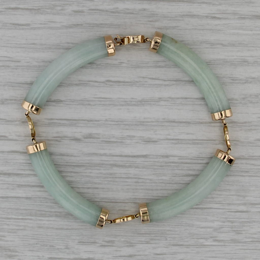 Jadeite Jade Tube Link Bracelet Chinese Character Bracelet 14k Yellow Gold 7"