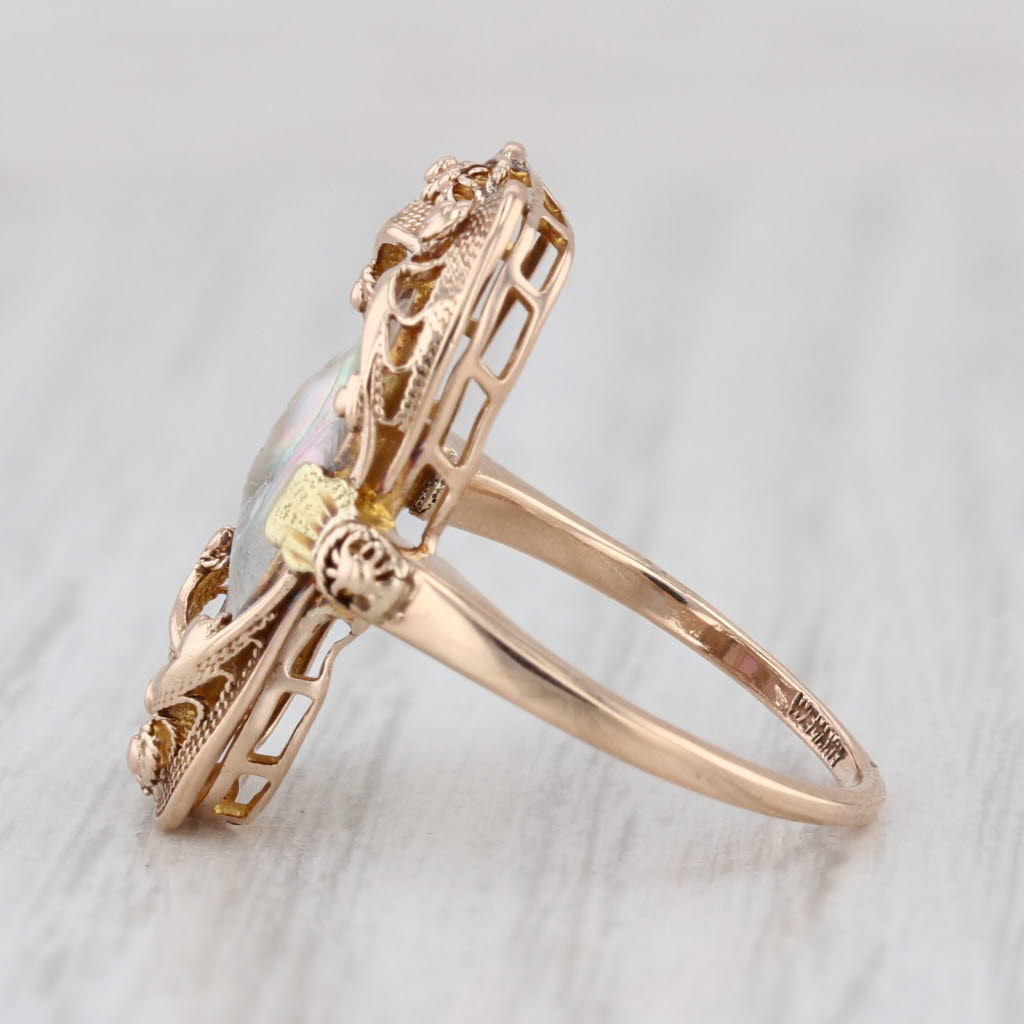 Antique Mother of Pearl Abalone Ring 9k Gold Ornate Filigree Size 4