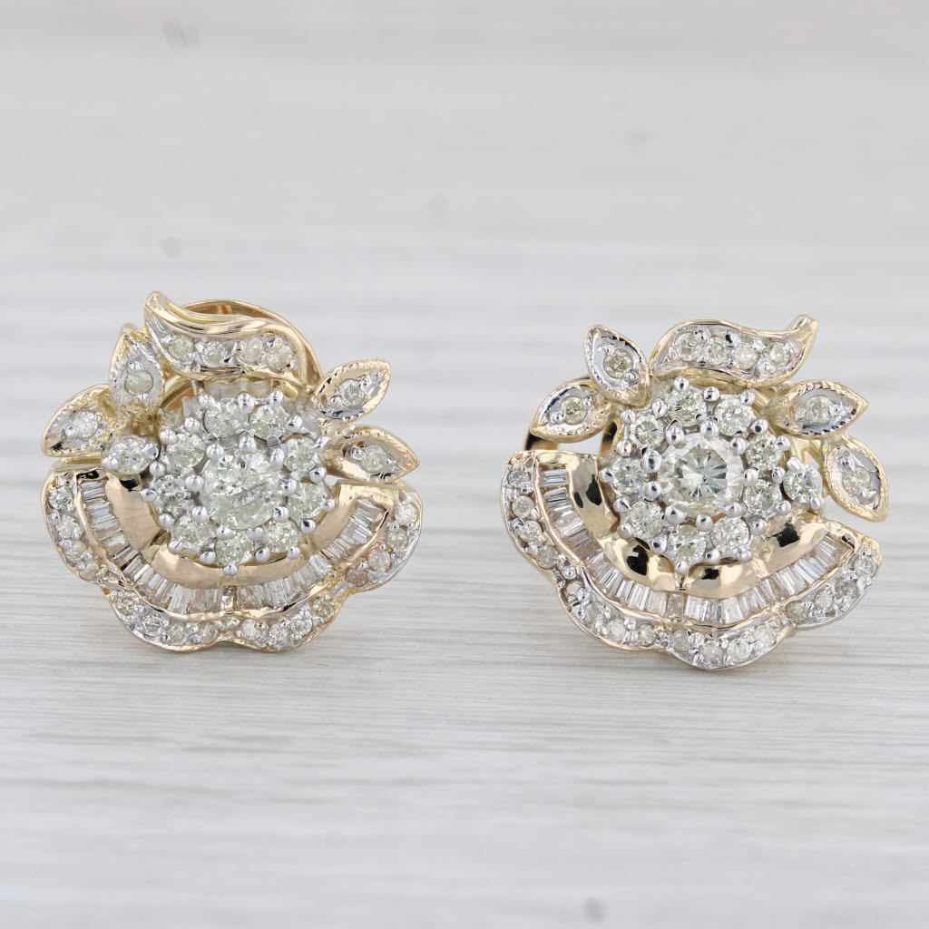 Light Gray 1.48ctw Diamond Flower Stud Statement Earrings 14k Yellow Gold