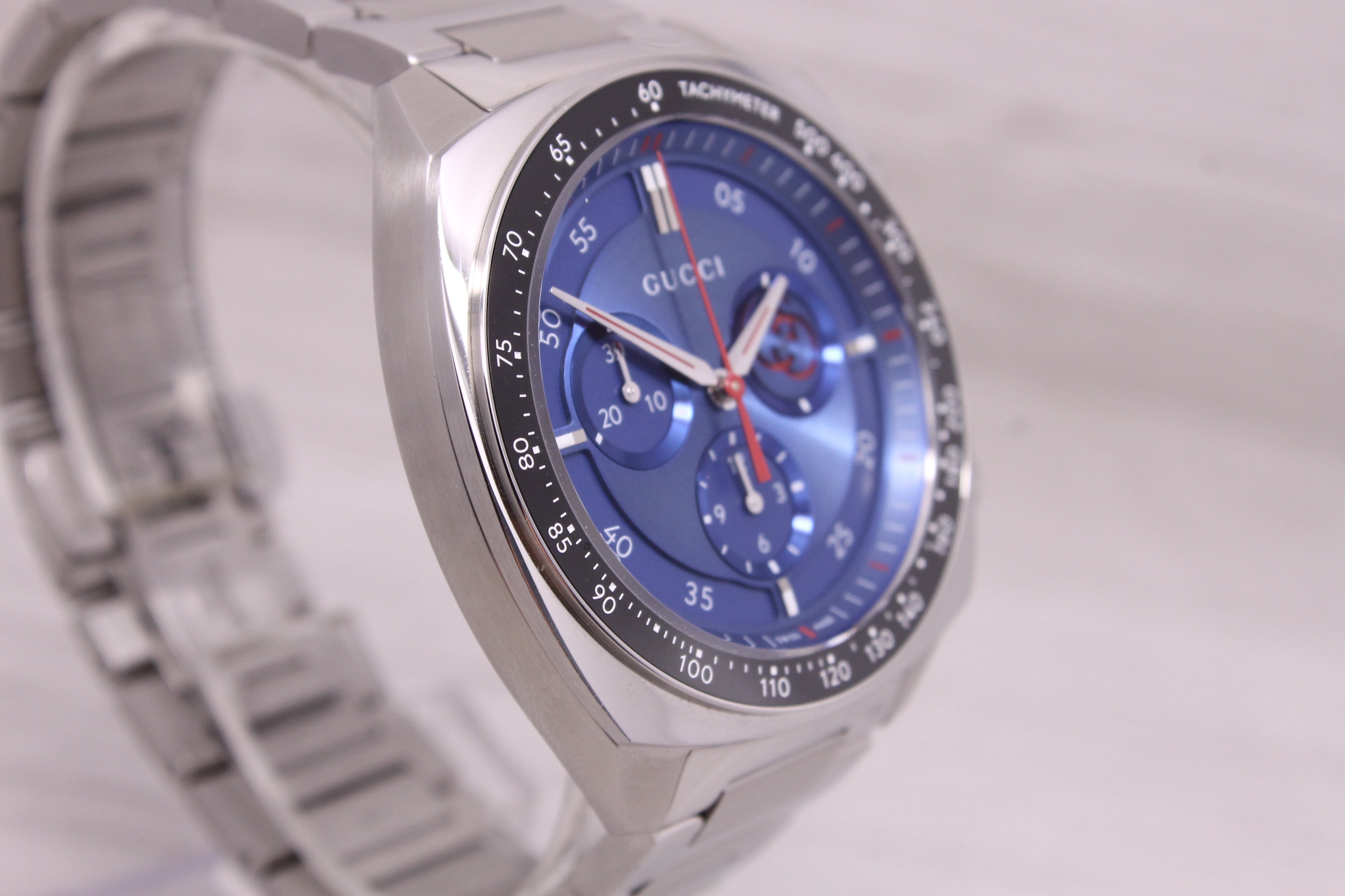 Gray Gucci Interlocking 41mm Mens Steel Quartz Chronograph Watch Blue w/ Box YA142317