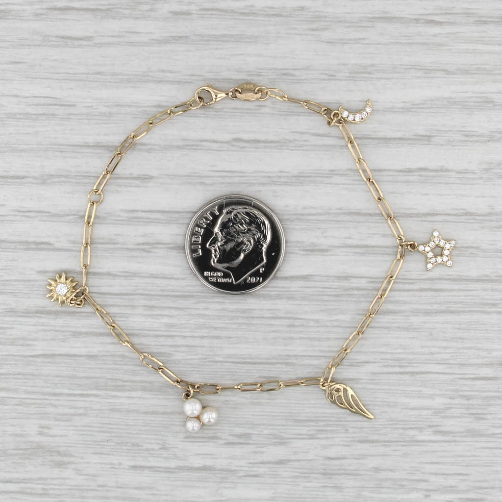 Cubic Zirconia Cultured Pearl Sun Moon Star Wing Charm Bracelet 14k Gold 6.75"