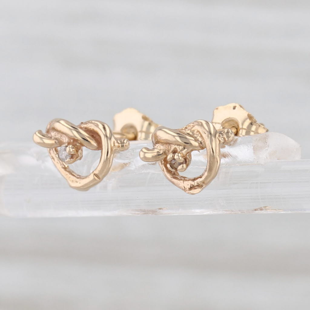 Small Diamond Knot Pretzle Heart Stud Earrings 14k Yellow Gold Studs