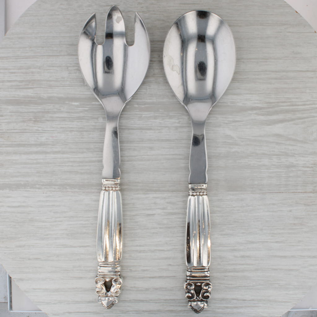 Gray Georg Jensen Denmark Acorn Salad Spoon Fork Set Sterling Silver Stainless Steel
