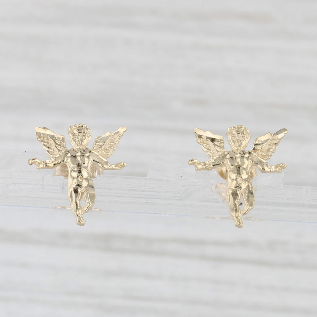 Light Gray Cherub Guardian Angel Stud Earrings 14k Yellow Gold