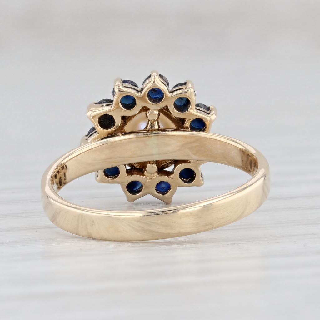 Light Gray Cultured Pearl Blue Sapphire Halo Ring 14k Yellow Gold Size 5
