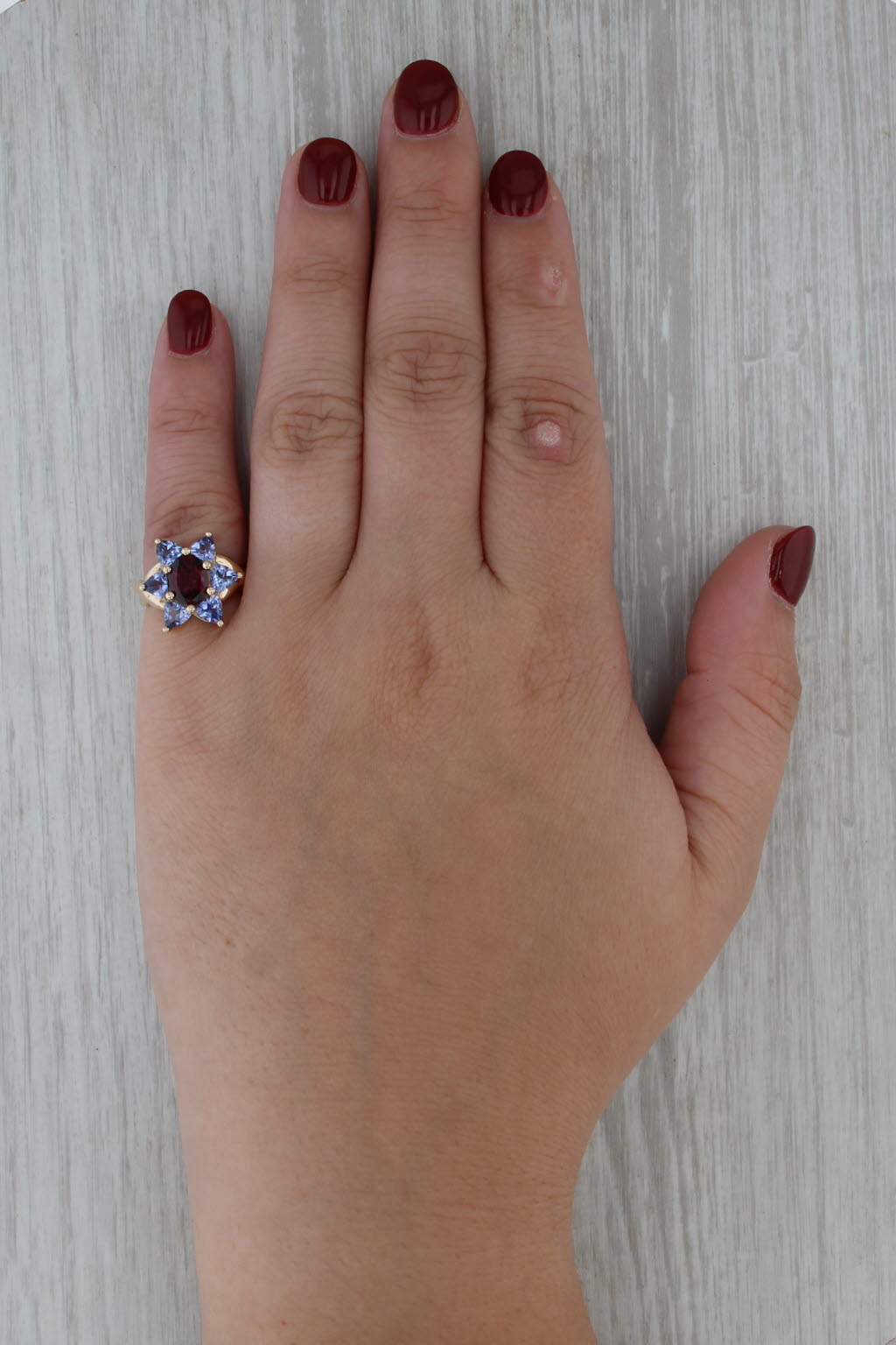 2.90ctw Garnet Tanzanite Flower Ring 10k Yellow Gold Size 4.5 Cocktail