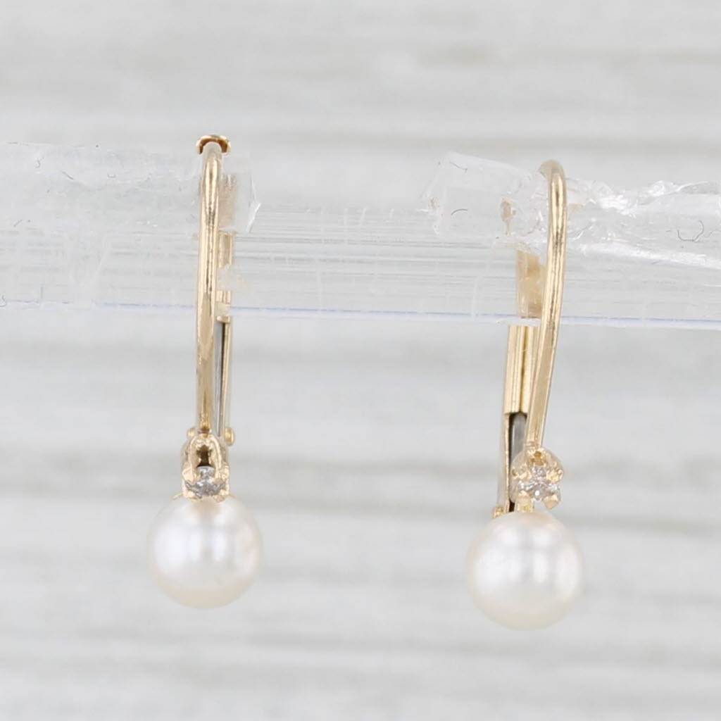 Light Gray Cultured Pearl Dangle Earrings 14k Yellow Gold Diamond Accents