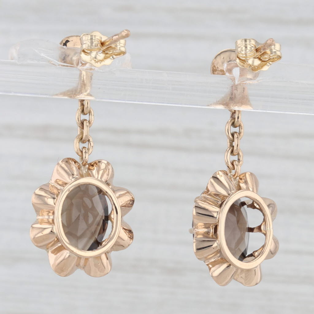 Light Gray 5ctw Smoky Quartz Dangle Flower Earrings 14k Yellow Gold Belcher Setting Drops