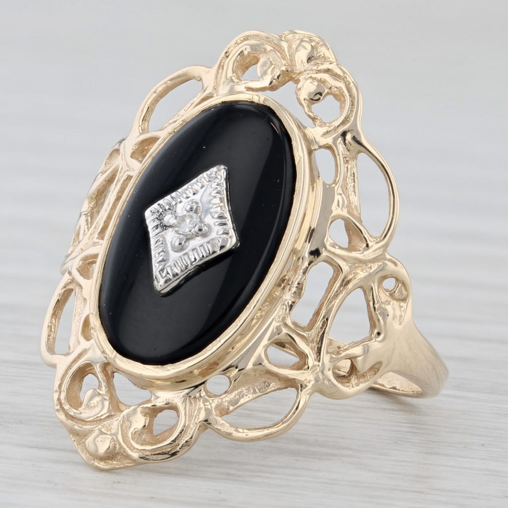 Light Gray Vintage Onyx Diamond Signet Ring 10k Yellow Gold Size 7.25 Ornate Openwork