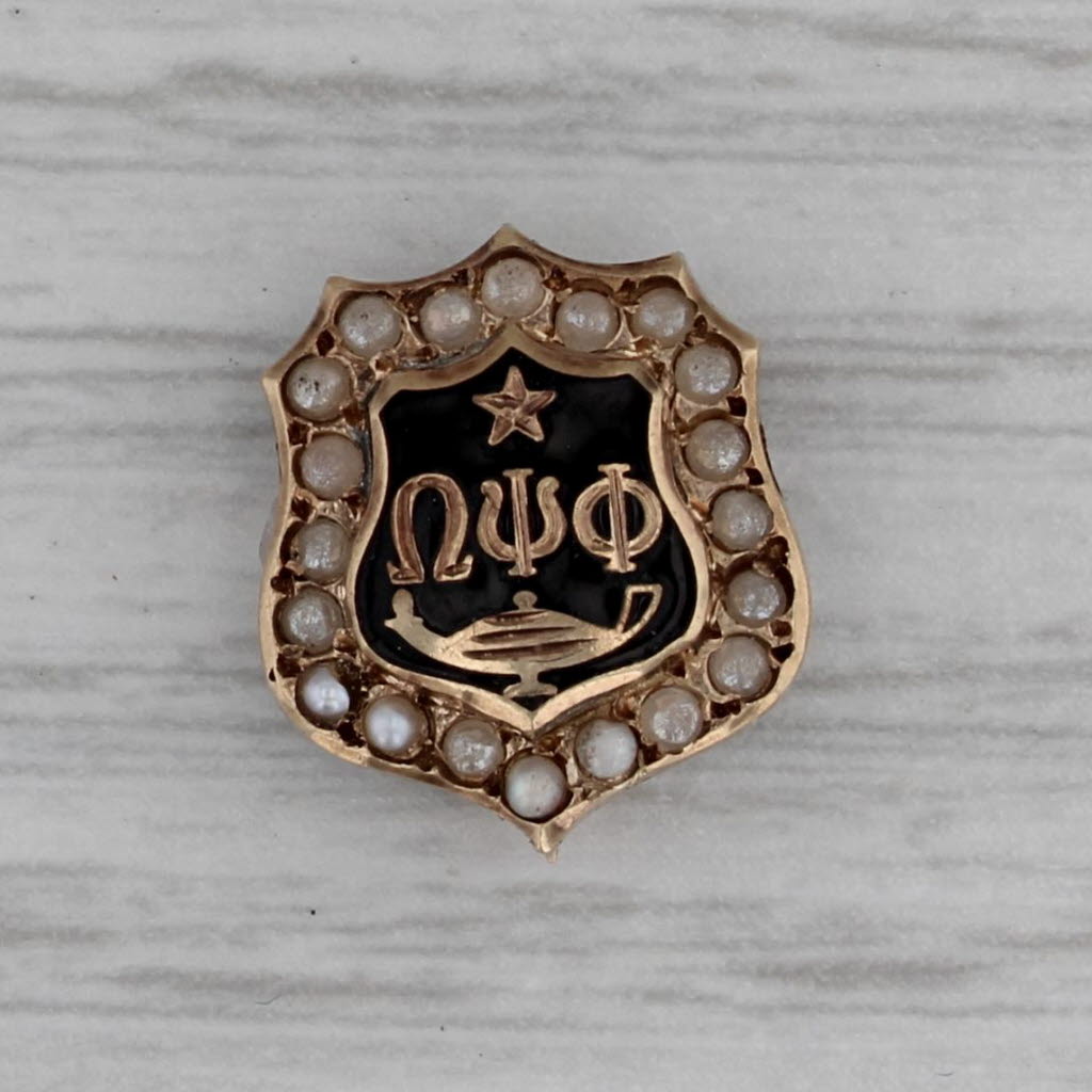 Dark Gray Omega Psi Phi Shield Badge 10k Gold Pearl Vintage Fraternity Pin 1940s