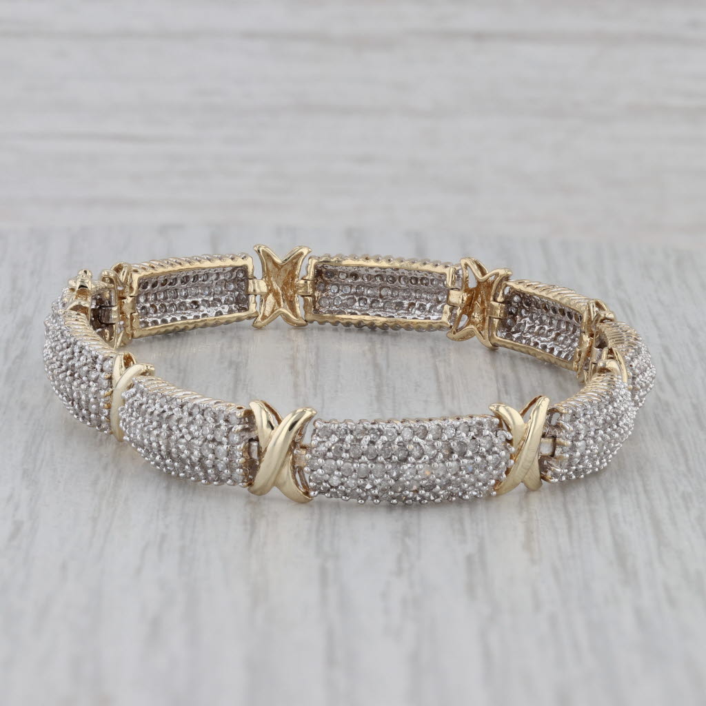 Gray 3ctw Diamond Clusters Bar X Links 10k Yellow White Gold 7.25" 8.3mm
