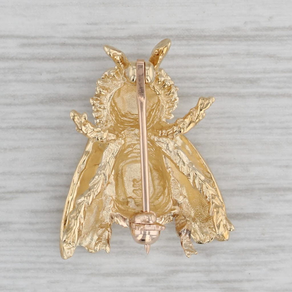 Gray Bumble Bee Pin 14k Yellow Gold Brooch Insect Jewelry