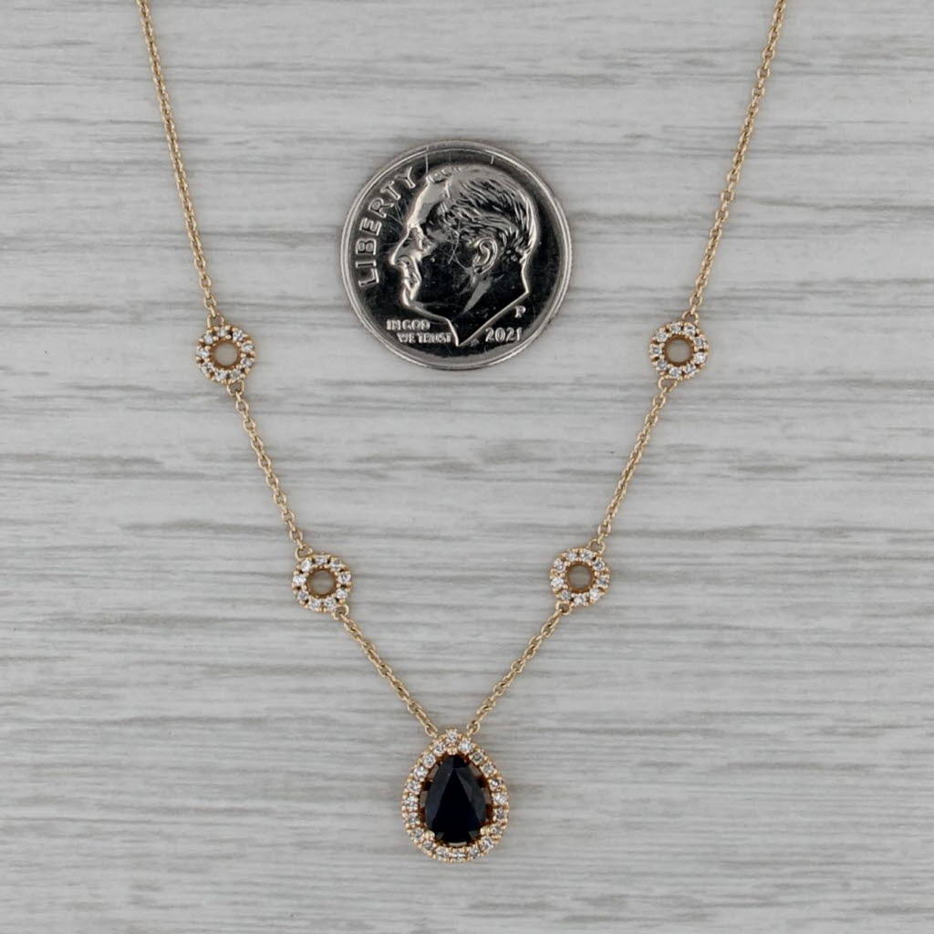 0.80ctw Blue Sapphire Diamond Halo Teardrop Diamond Station Necklace 14k Gold